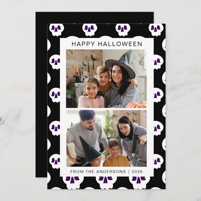 Minimalist Modern Spooky Happy Halloween 2 Photo Holiday Card (Front/Back)
