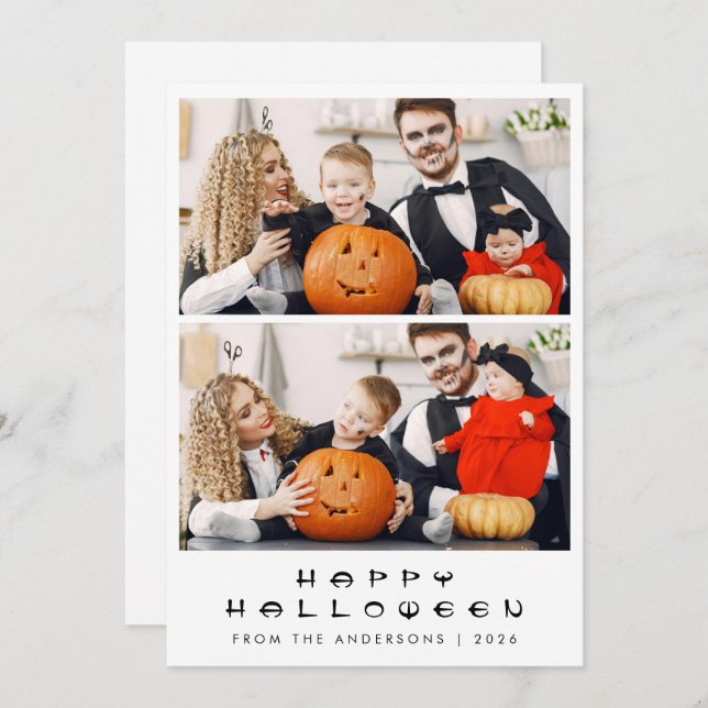 Minimalist Modern Spooky Happy Halloween 2 Photo Holiday Card (Front/Back)