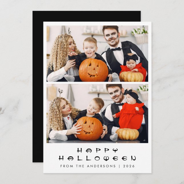 Minimalist Modern Spooky Happy Halloween 2 Photo Holiday Card (Front/Back)