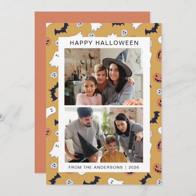 Minimalist Modern Spooky Happy Halloween 2 Photo Holiday Card (Front/Back)