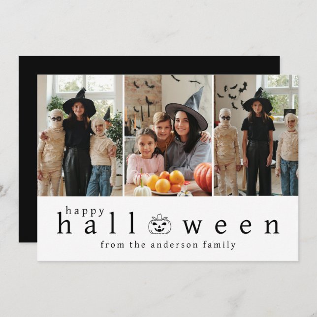 Minimalist Modern Spooky Happy Halloween 3 Photo Holiday Card (Front/Back)