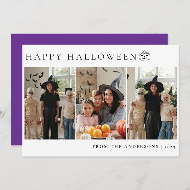 Minimalist Modern Spooky Happy Halloween 3 Photo Holiday Card (Front/Back)