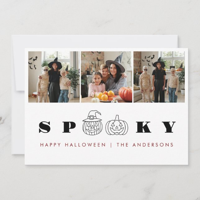 Minimalist Modern Spooky Happy Halloween 3 Photo Holiday Card (Front)