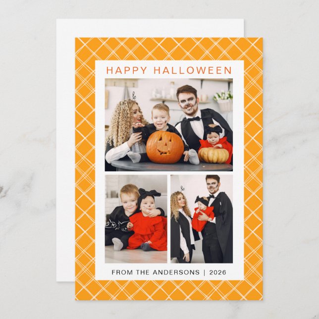 Minimalist Modern Spooky Happy Halloween 3 Photo Holiday Card (Front/Back)
