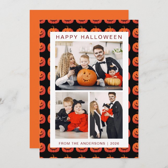 Minimalist Modern Spooky Happy Halloween 3 Photo Holiday Card (Front/Back)