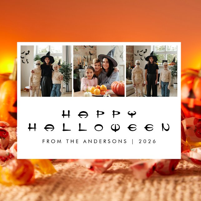 Minimalist Modern Spooky Happy Halloween 3 Photo Holiday Card (Creator Uploaded)