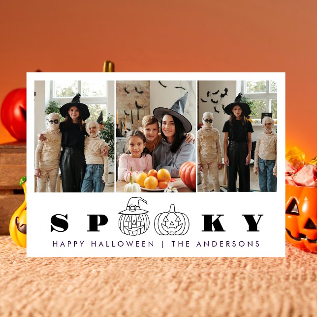 Minimalist Modern Spooky Happy Halloween 3 Photo Holiday Card (Creator Uploaded)