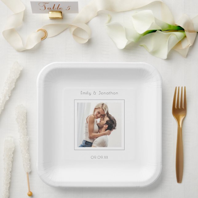 Minimalist Modern Square Photo Wedding Paper Plate (Wedding)