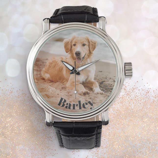 Minimalist Modern Stylish Pet Dog Photo Name Watch (An elegant wristwatch to personalize with a photo of your pet dog and their name)