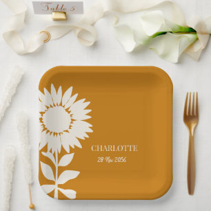 Minimalist Modern Sunflower Custom Name Birthday Paper Plate