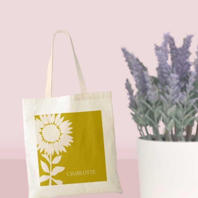 Minimalist Modern Sunflower Custom name Tote Bag (Creator Uploaded)