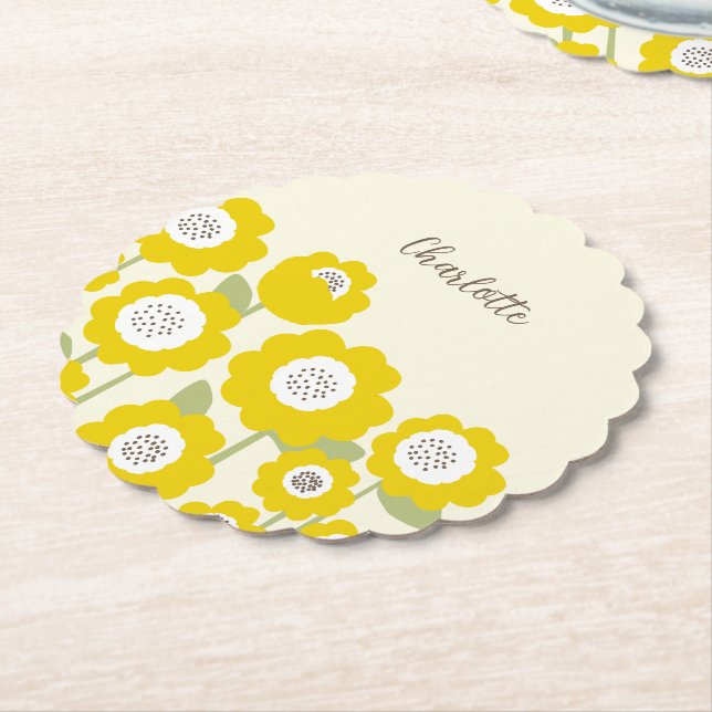Minimalist Modern Sunflower Minimal Custom Name    Paper Coaster (Angled)