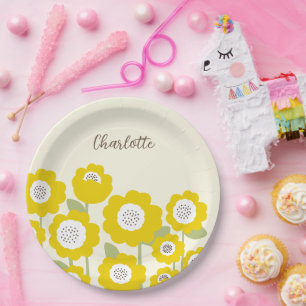 Minimalist Modern Sunflower Minimal Custom Name Paper Plate