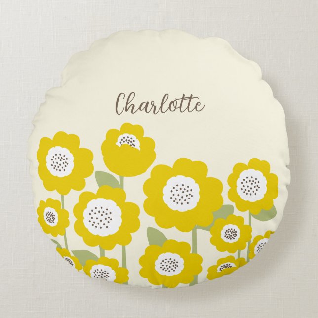 Minimalist Modern Sunflower Minimal Custom Name    Round Cushion (Front)