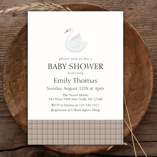 Minimalist Modern Swan Gingham Boy Baby Shower Invitation (Minimalist Modern Swan Gingham Boy Baby Shower Invitation)
