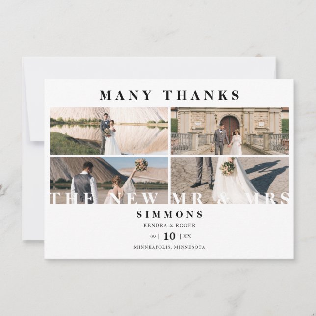 Minimalist Modern Trendy Collage Wedding 4 Photos Thank You Card (Front)