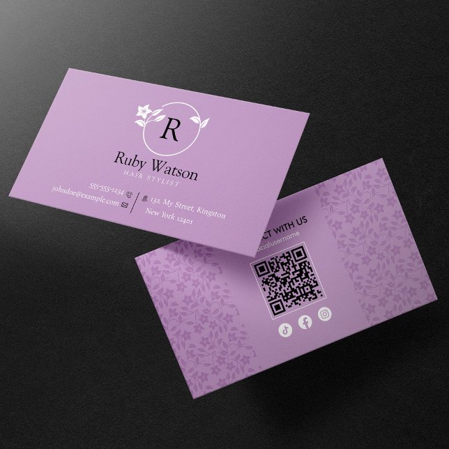 Minimalist Modern Two Initial Hairstylist QR Code  Business Card (Creator Uploaded)