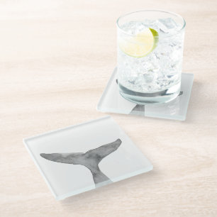 Minimalist Modern Watercolor Whale Fluke Glass Coaster