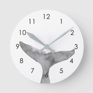 Minimalist Modern Watercolor Whale Fluke  Round Clock