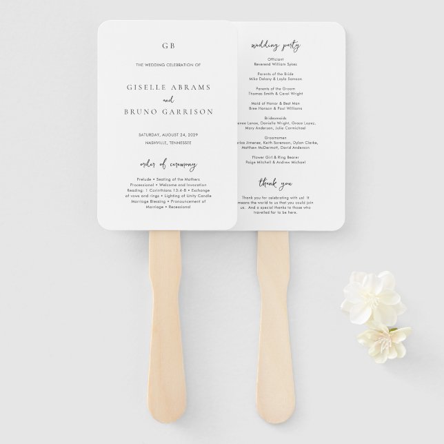 Minimalist Modern Wedding Program Hand Fan (Front and Back)