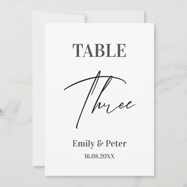 Minimalist Modern  WEDDING Three Table Number Card (Front)