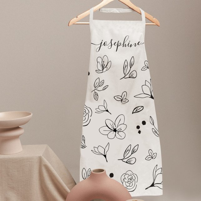 Minimalist modern white black floral Personalised Apron (Personalized White apron with black floral illustration by Lorena Depante.)