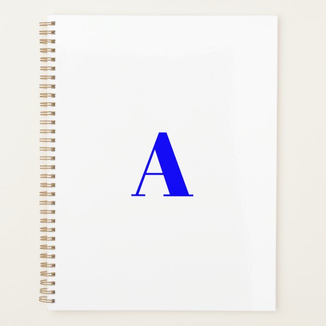 Minimalist modern white cobalt blue monogrammed planner (Front)