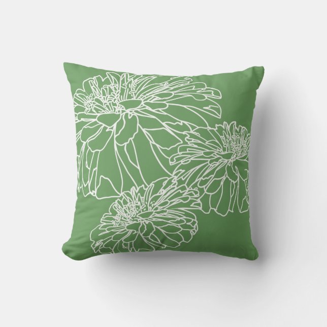Minimalist modern white line floral drawing green cushion (Front)