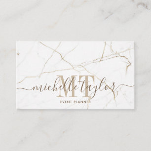 Minimalist modern white marble  gold monogram business card