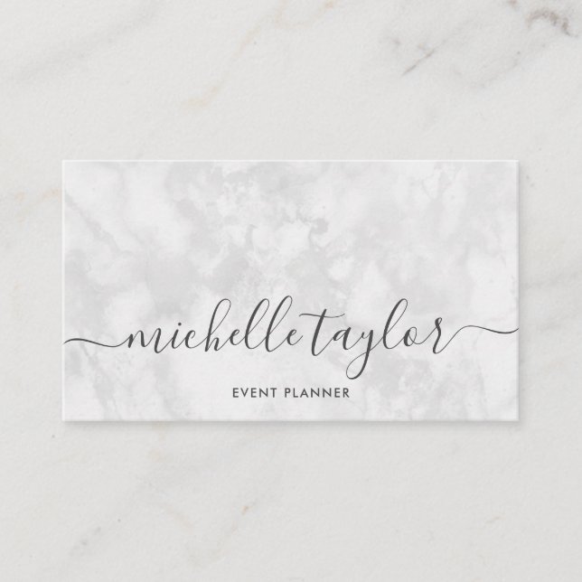 Minimalist modern white marble signature script business card (Front)