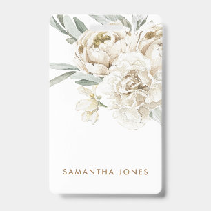 Minimalist Modern White Peonie Floral Watercolor ID Badge