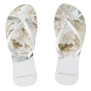 Minimalist Modern White Peonie Floral Watercolor Thongs