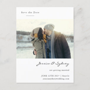 Minimalist Modern White Script Photo Save The Date Postcard