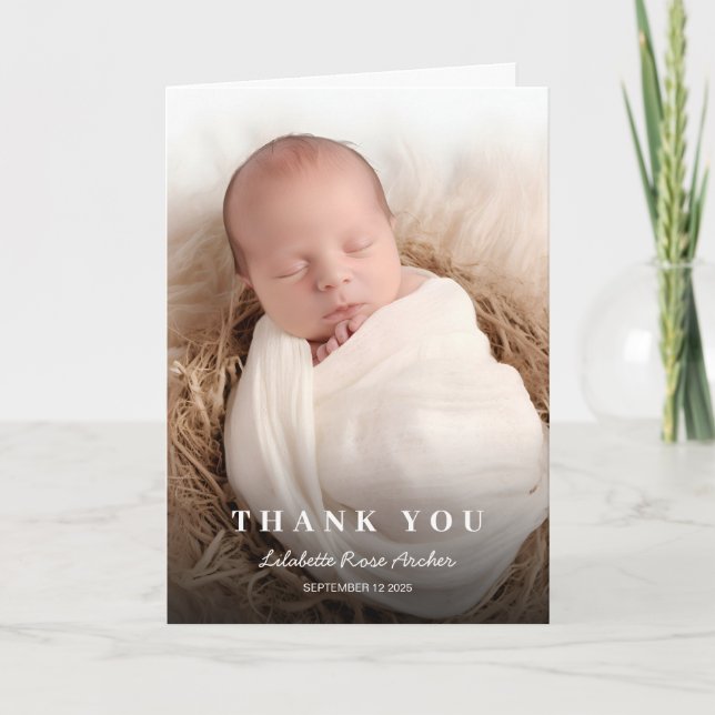 Minimalist Modern White Typography Baby Photo Thank You Card (Front)