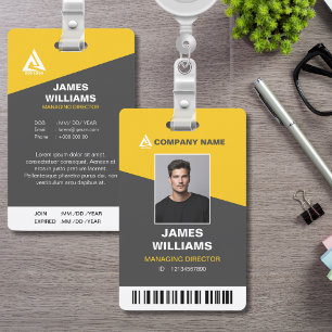 Minimalist Modern yellow & Dark Grey Barcode ID ID Badge