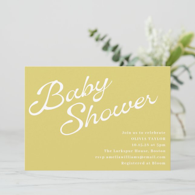 Minimalist Modern Yellow Retro Script Baby Shower Invitation (Standing Front)