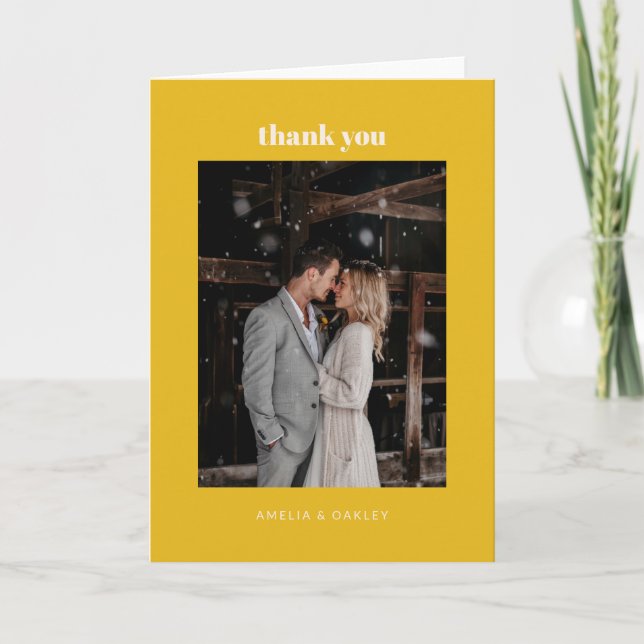 Minimalist Modern Yellow Wedding Photo Folded Thank You Card (Front)