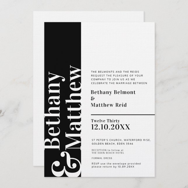 Minimalist mono black white graphic text wedding invitation (Front/Back)