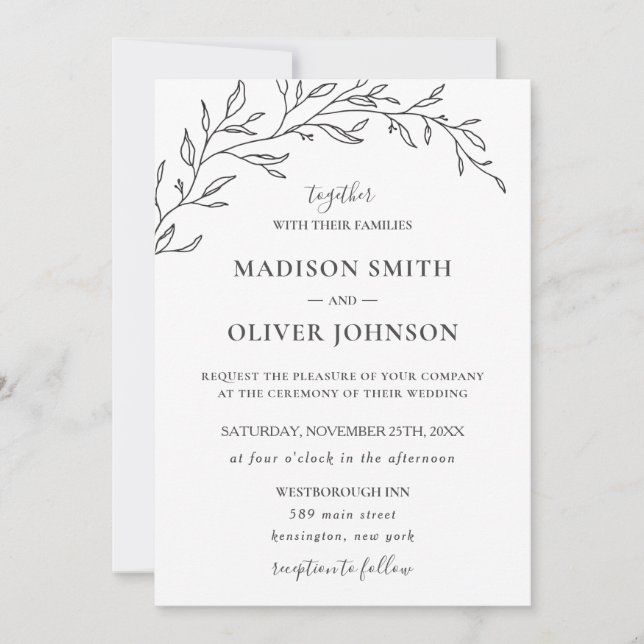 Minimalist Monochrome Laurel Branch Leafy Wedding  Invitation (Front)