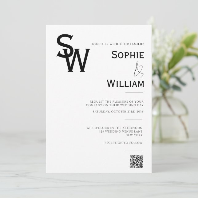 Minimalist Monogram Black and White Wedding Invitation (Standing Front)