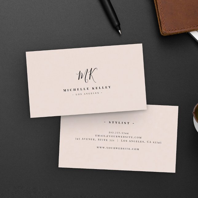 Minimalist Monogram Black Blush Elegant Script Business Card (Creator Uploaded)