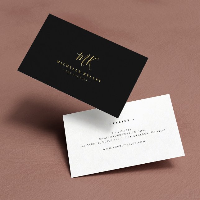 Minimalist Monogram Black Gold Elegant Script Business Card (Creator Uploaded)