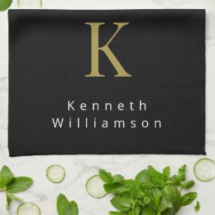 Minimalist Monogram Black Gold White Modern Men Tea Towel
