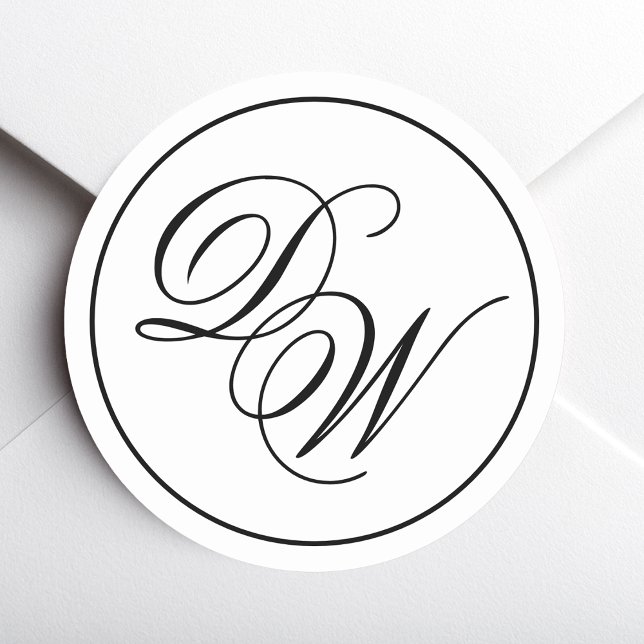 Minimalist Monogram Black White 2 Initials Script Classic Round Sticker (Creator Uploaded)