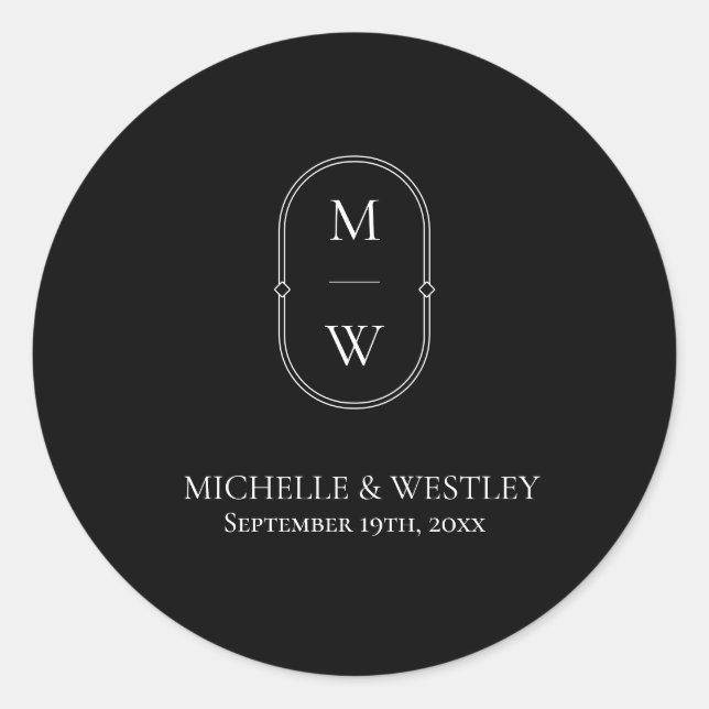 Minimalist Monogram Black & White Wedding Classic Round Sticker (Front)