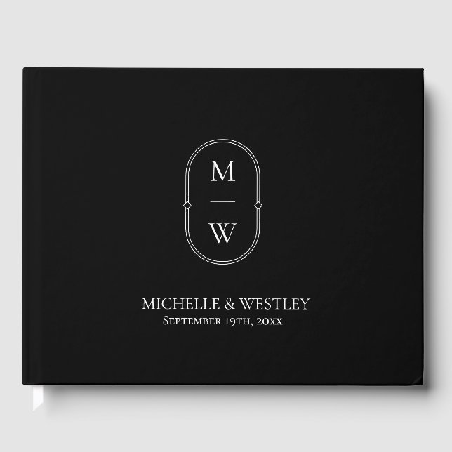 Minimalist Monogram Black & White Wedding Guest Book (Front)
