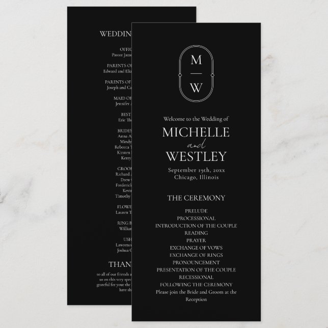 Minimalist Monogram Black & White Wedding Program (Front/Back)