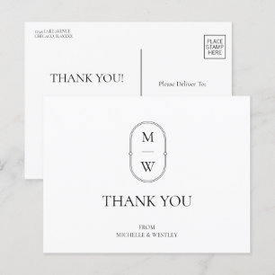 Minimalist Monogram Black White Wedding Thank You Postcard