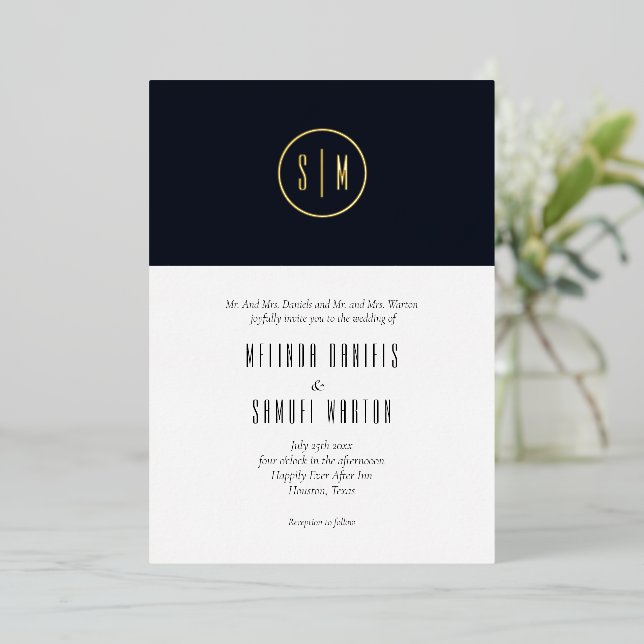 Minimalist Monogram Blue White Wedding Gold  (Standing Front)