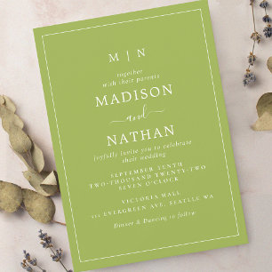 Minimalist Monogram Bright Green Wedding Invitation